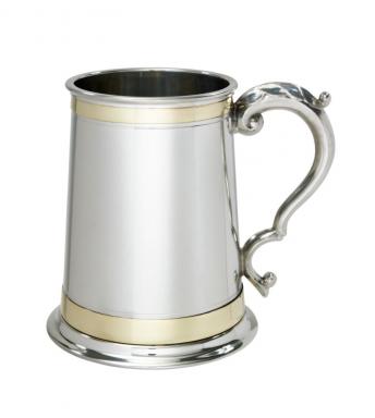 1 pint Heavy Double Brass Band Monarch Pewter Tankard