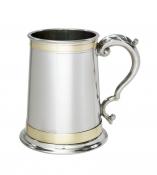 1 pint Heavy Double Brass Band Monarch Pewter Tankard